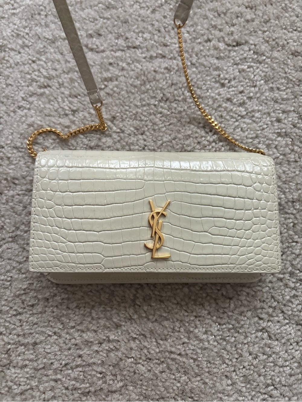 Saint Laurent Cassandre Cream Croc-Embossed Leather Chain Wallet Gold Hardware